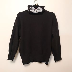 Cat Face Turtleneck Sweater Black Long Sleeve